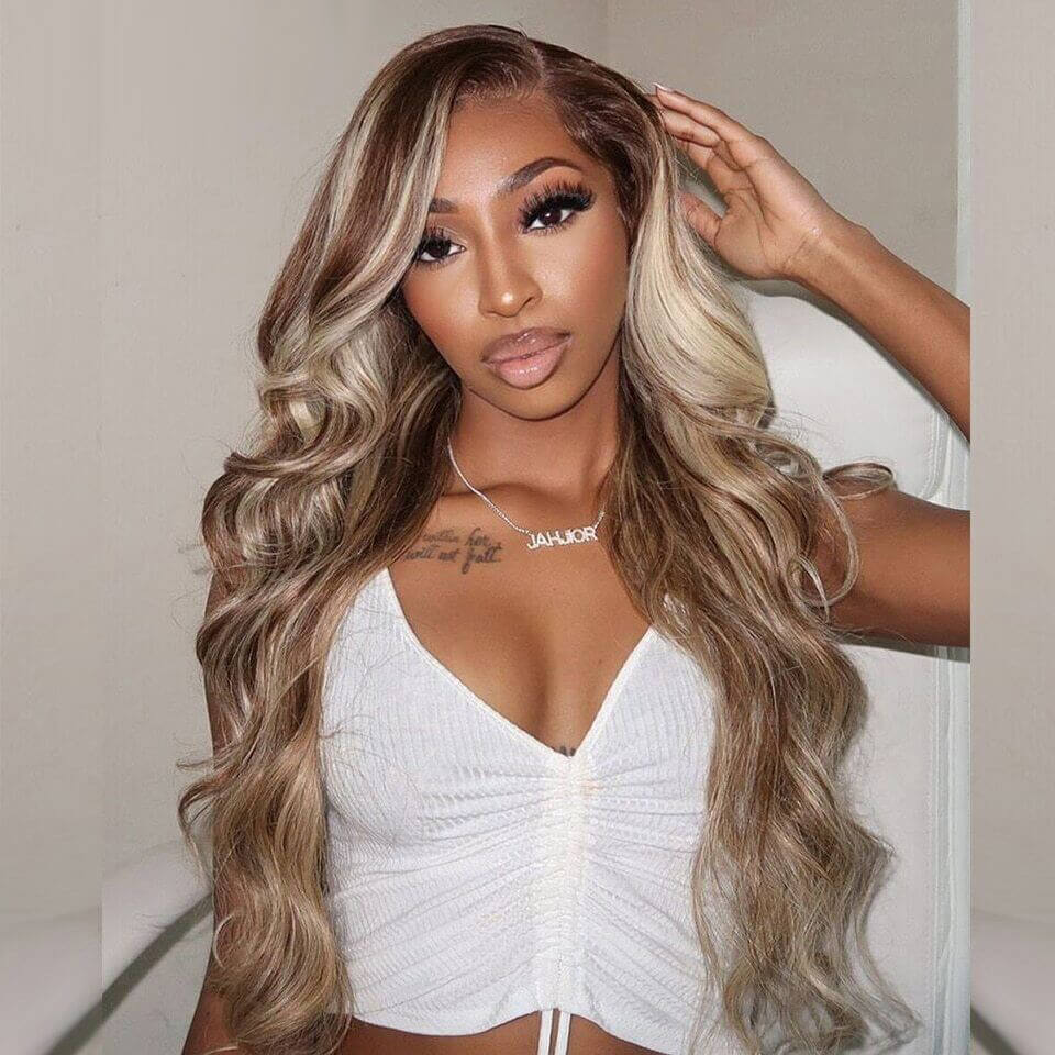 Brown Human Hair Lace Front Wig with Blonde Highlight