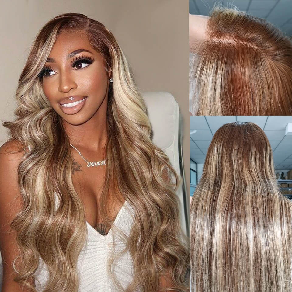 Brown human hair wig with blonde highlight