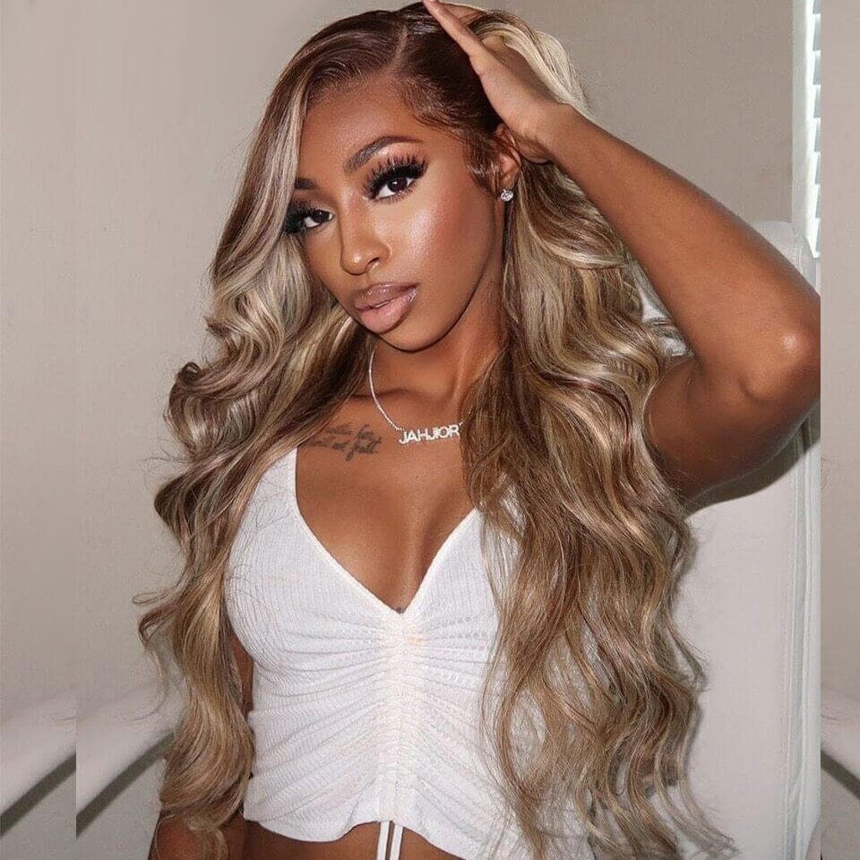 Brown Human Hair Lace Front Wig with Blonde Highlight