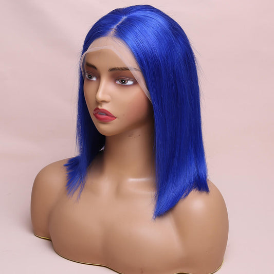 Human Hair Blue Straight Lace Frontal Bob Wig Short Wig