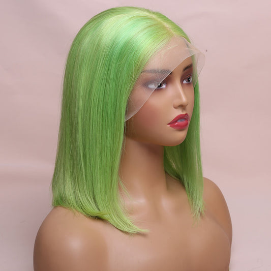 Human Hair Green Straight Lace Frontal Bob Wig Short Wig