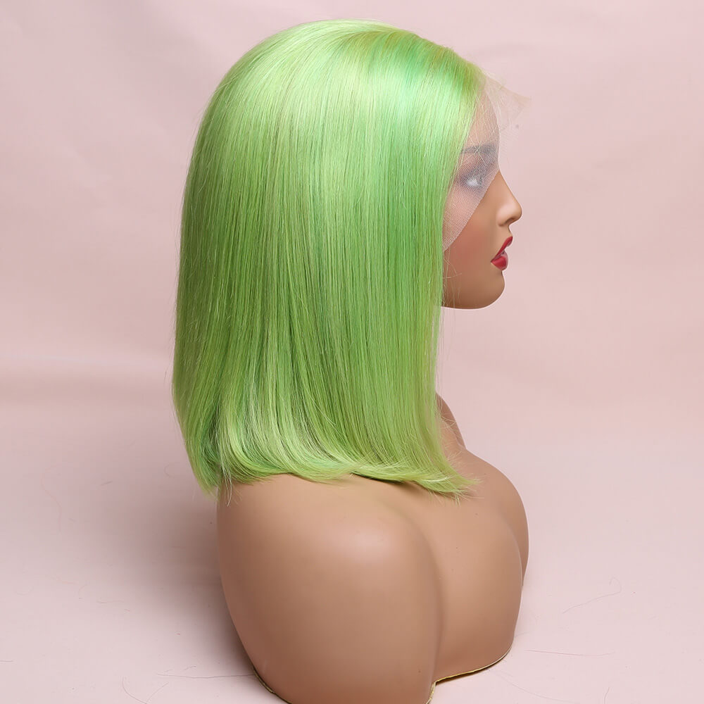 Human Hair Green Straight Lace Frontal Bob Wig Short Wig