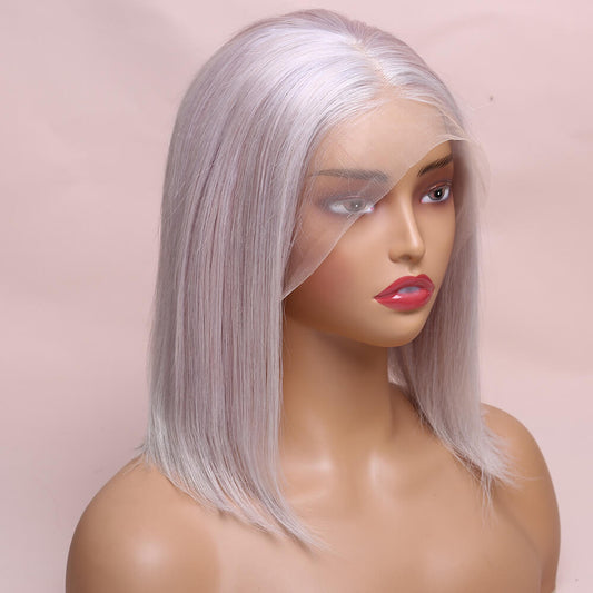 Human Hair Grey Straight Lace Frontal Bob Wig Short Wig