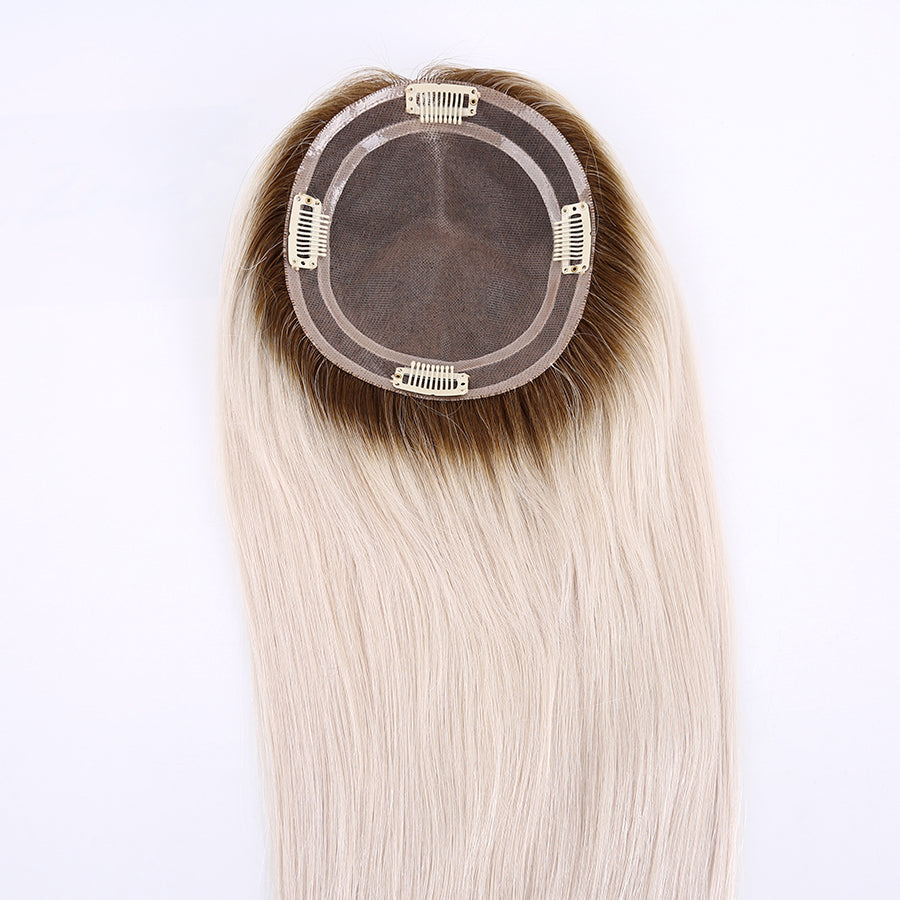 Human Hair Topper Ombre Platinum Blonde Mono Base with Pu Around