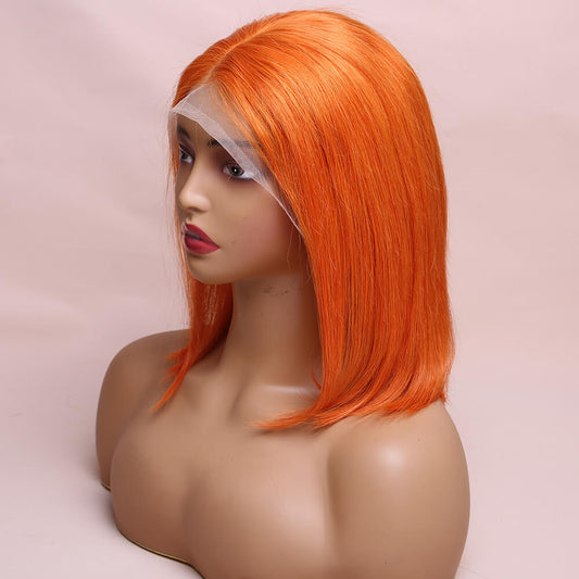 Human Hair Orange Straight Lace Frontal Bob Wig Short Wig