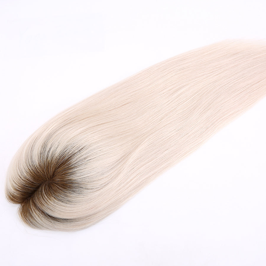 Human Hair Topper Ombre Platinum Blonde Mono Base with Pu Around