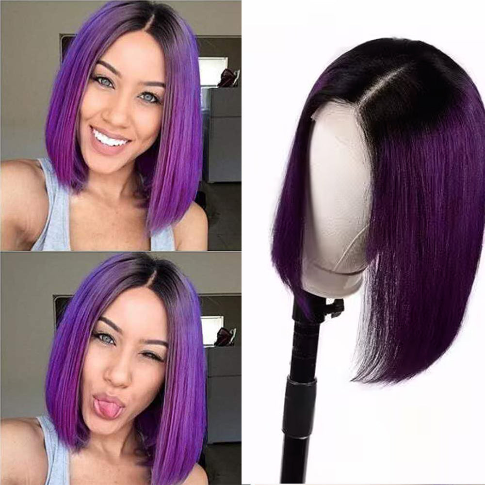 Human Hair Ombre #1B/Purple Straight Lace Front Bob Wig Short Wig