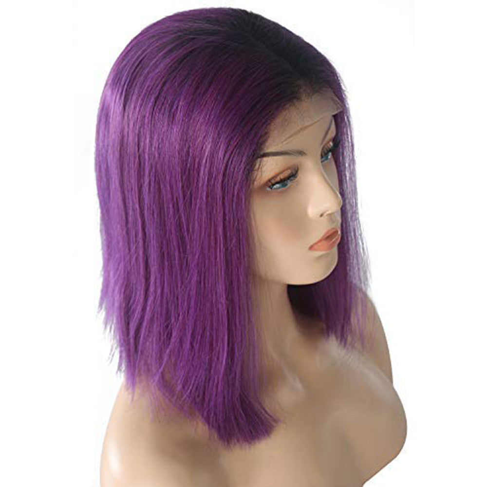 Human Hair Ombre #1B/Purple Straight Lace Front Bob Wig Short Wig