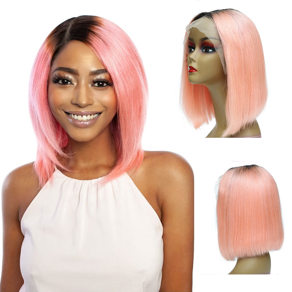 Human Virgin Hair Straight Short Bob Wig Ombre #1B/Pink Human Hair Wigs