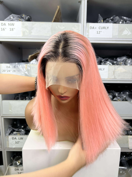 Human Virgin Hair Straight Short Bob Wig Ombre #1B/Pink Human Hair Wigs