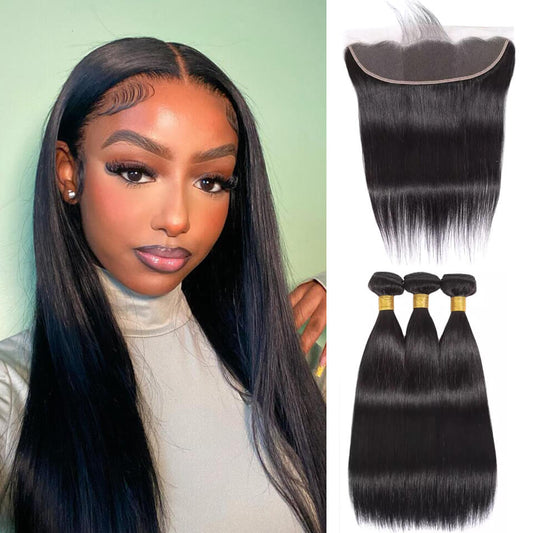 13x4 HD lace frontal with 3 straight human hair bundles