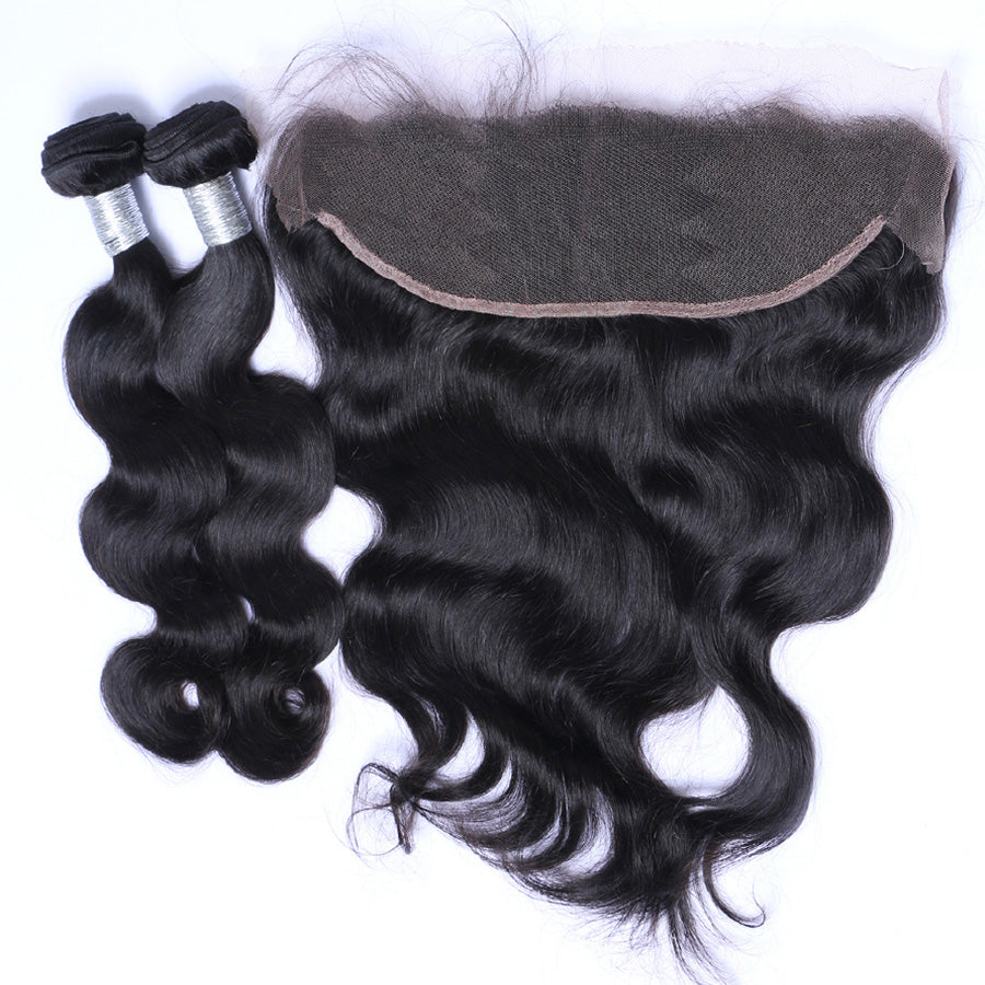 2 bundles of black wavy human hair bundles and 1 lace frontal