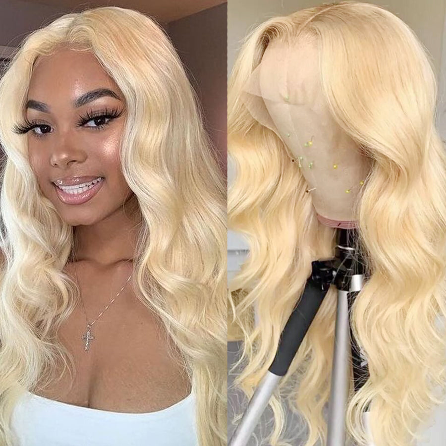 young woman with blonde body wave lace front wig
