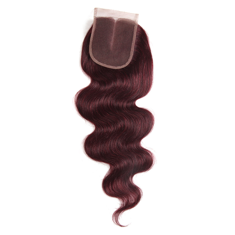 Human Hair Weave 3 Bundles with Lace Closure 4x4 Burgundy 99j Body Wave