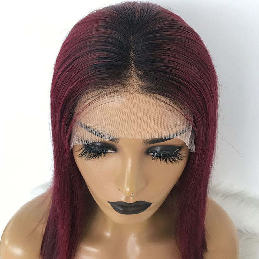 top view of burgundy lace front wig
