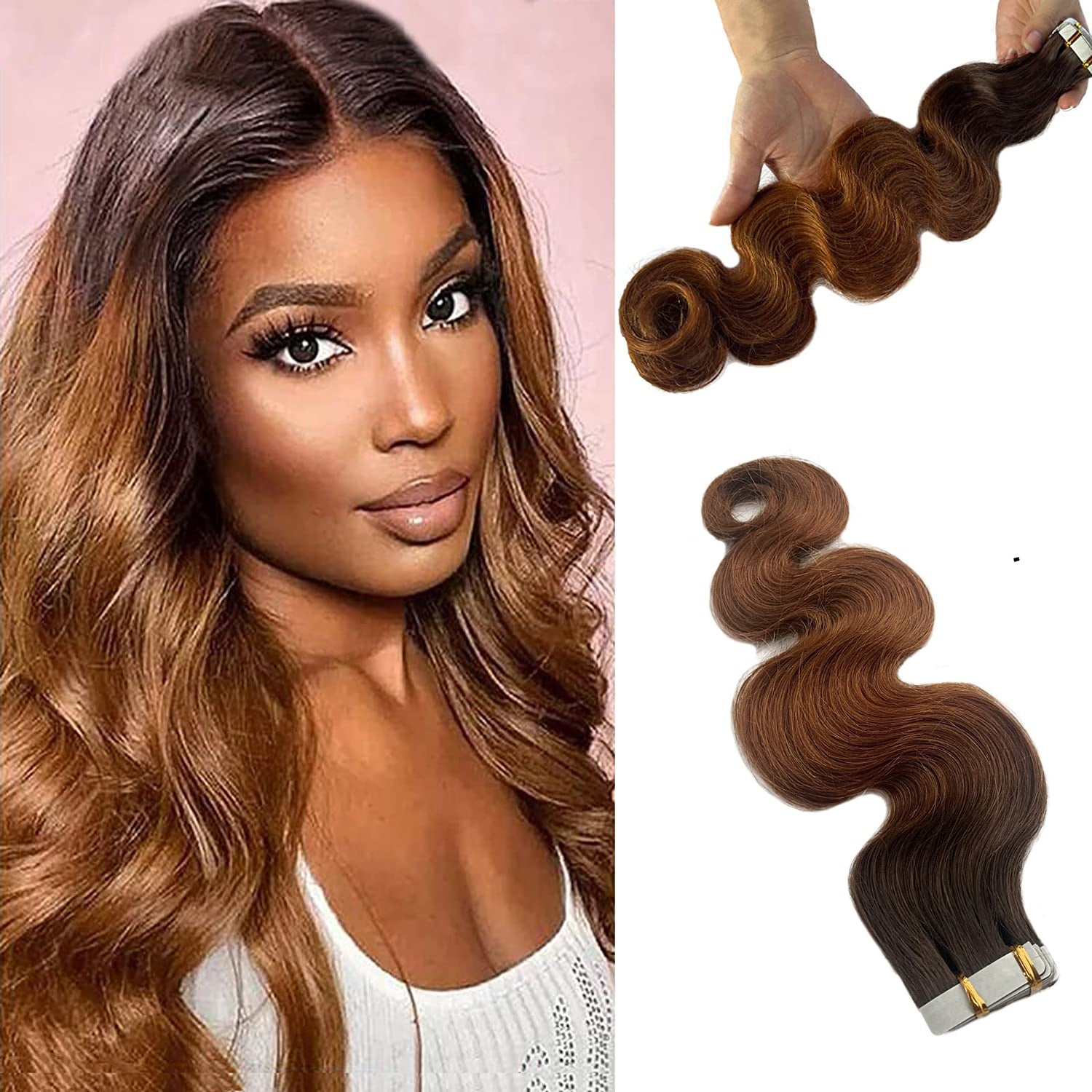 two tone brown body wave tape in extension human hair