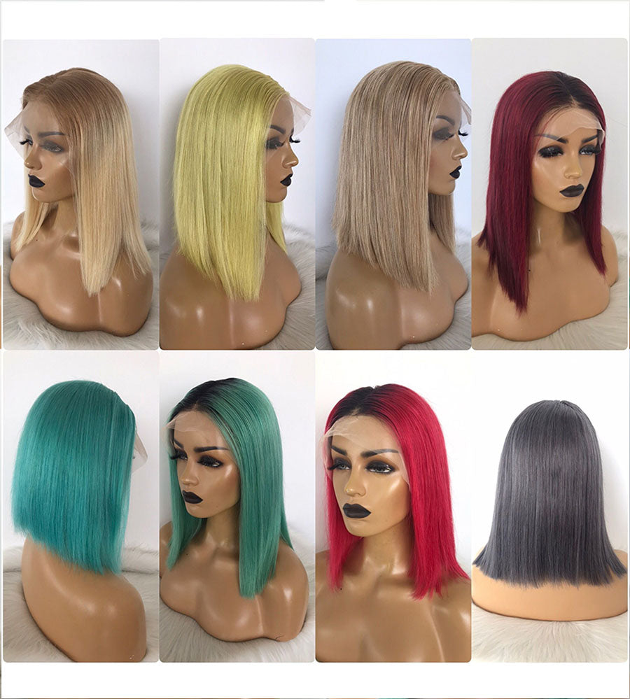 Bob wigs in different colors, like blonde, lemon, burgundy, blue, red, grey