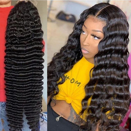 a woman with a deep wave black hair wig
