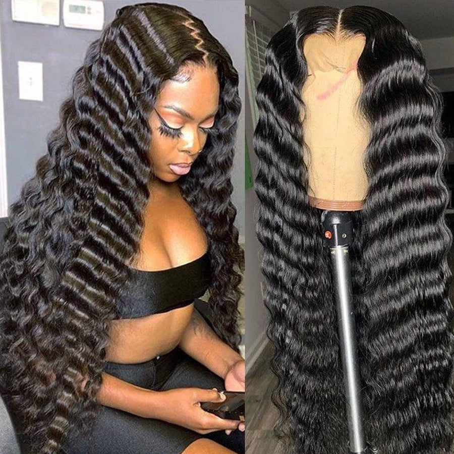 a sexy lady with deep wave lace front wig