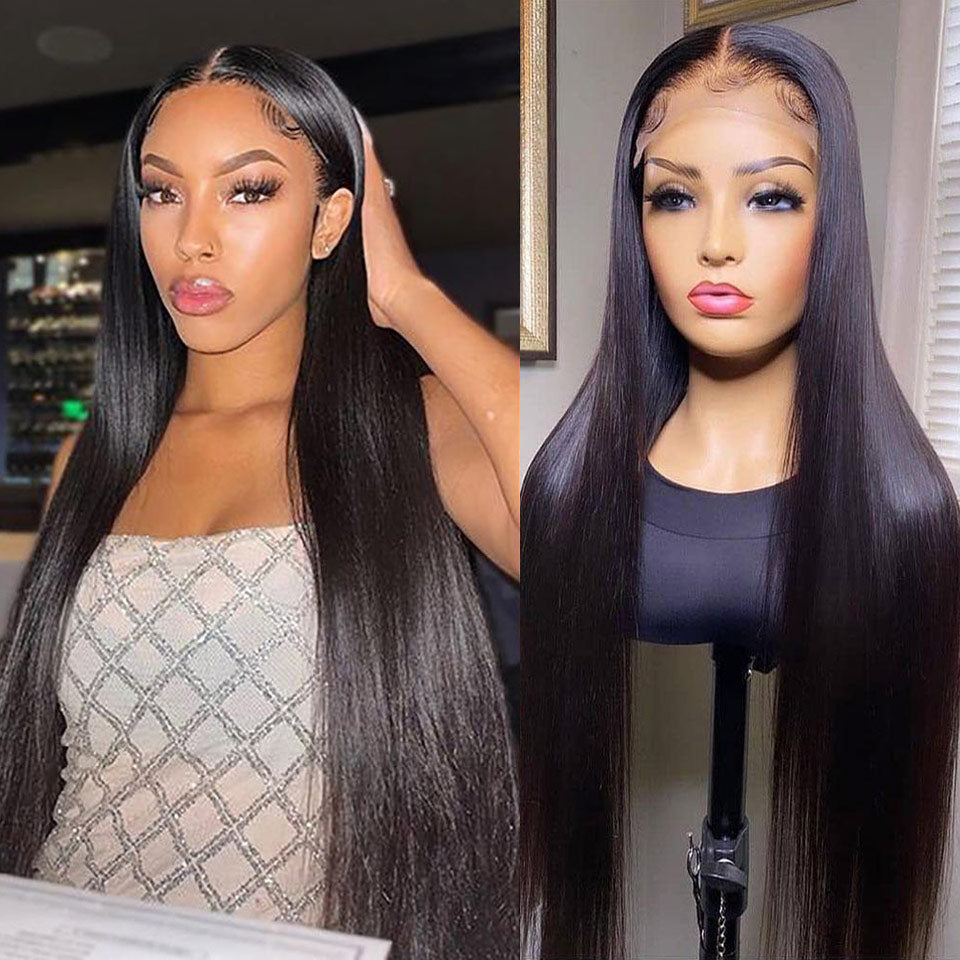 beautiful young woman with a long straight black human hair lace wig