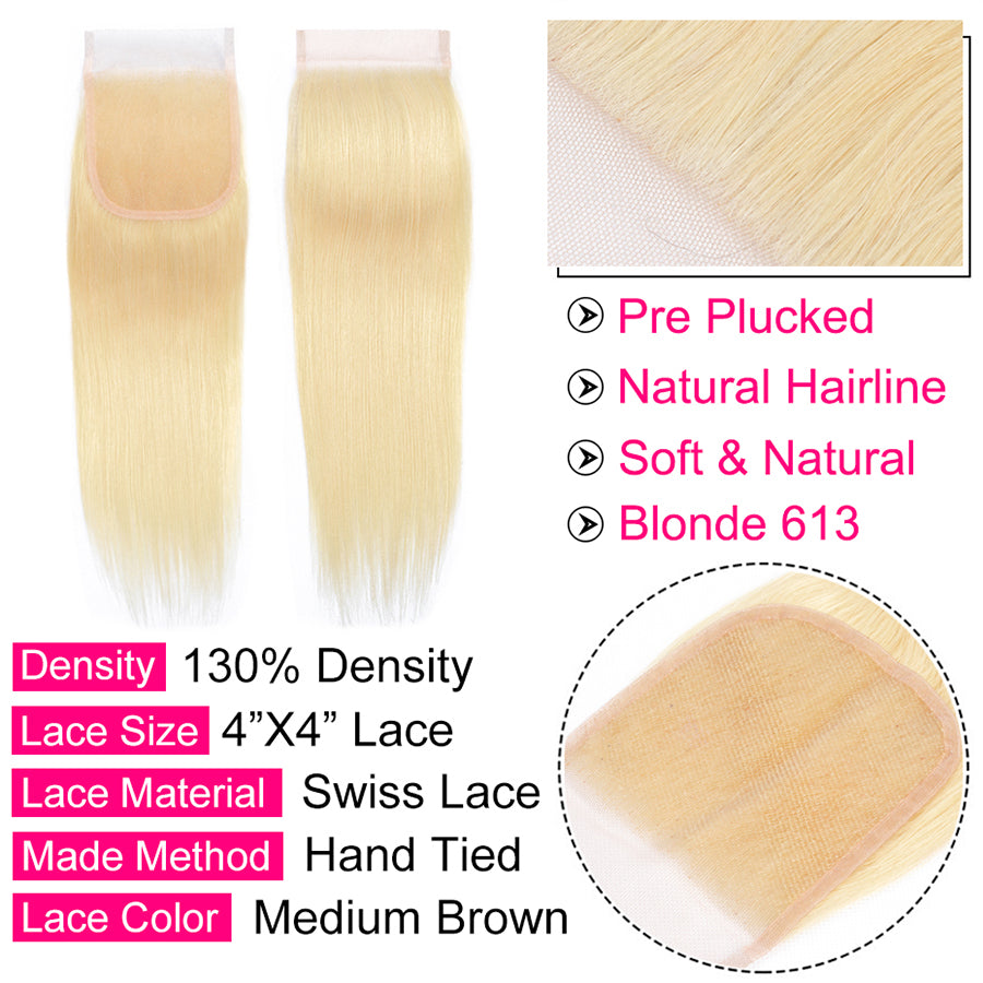 Blonde human hair lace closure details