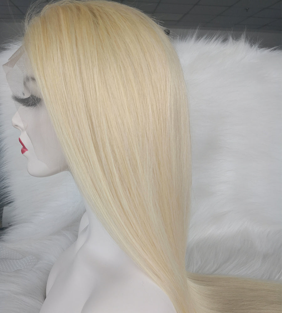 side look of a blonde human hair wig on mannequin