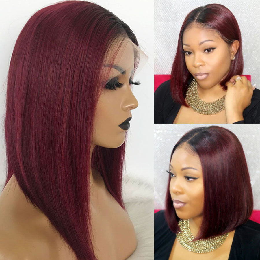 woman with burgundy bob wig