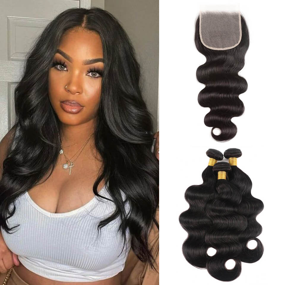 body wave human hair lace closure and weft hair