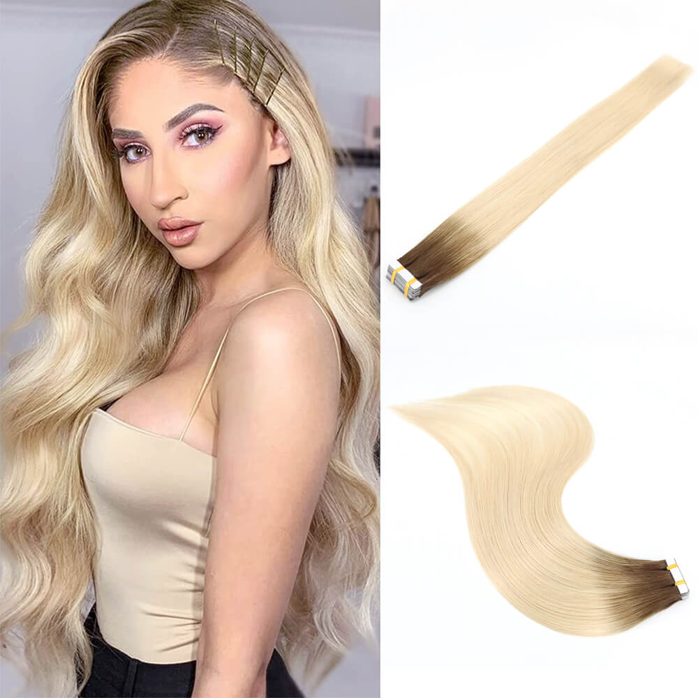 brown blonde two tone tape in hair