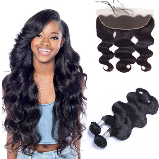 Body Wave Black human hair bundles and lace frontal