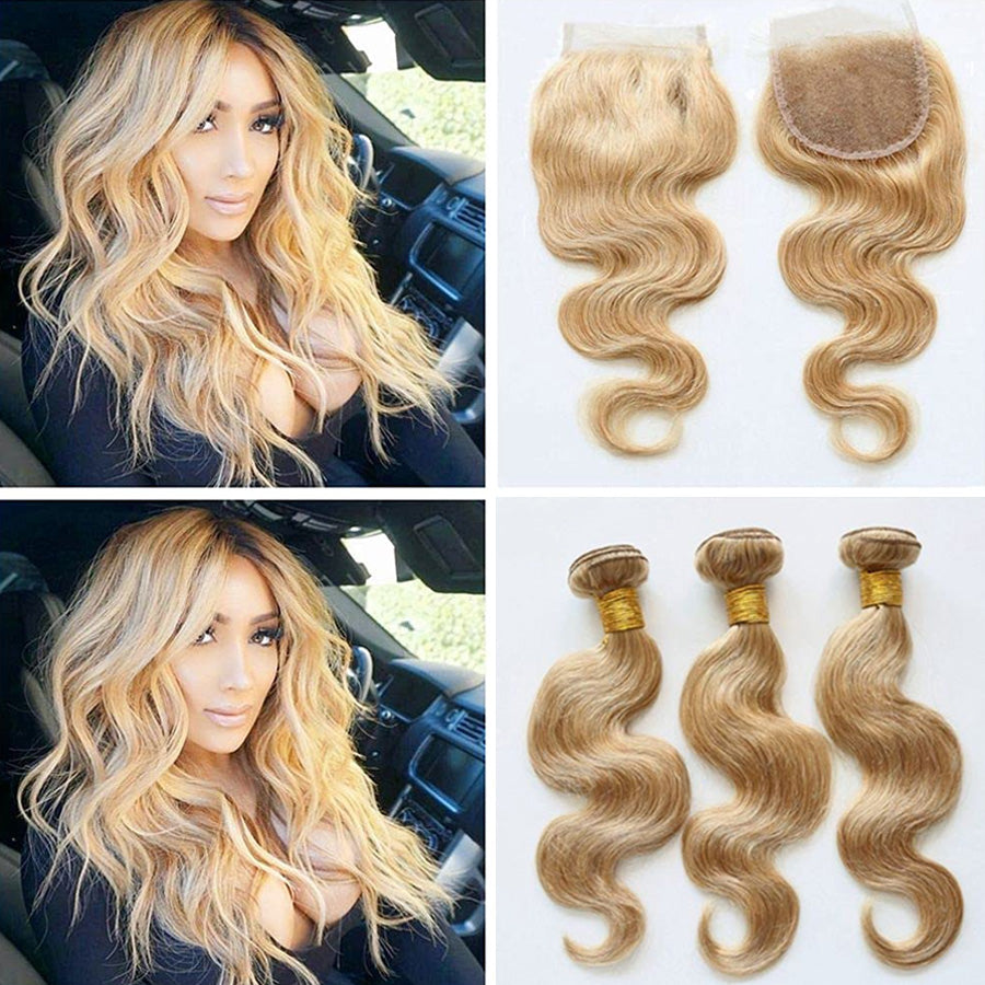 Brazilian Human Hair 3 Bundles Body Wave Hair with Lace Top Closure 4x4 Honey Blonde