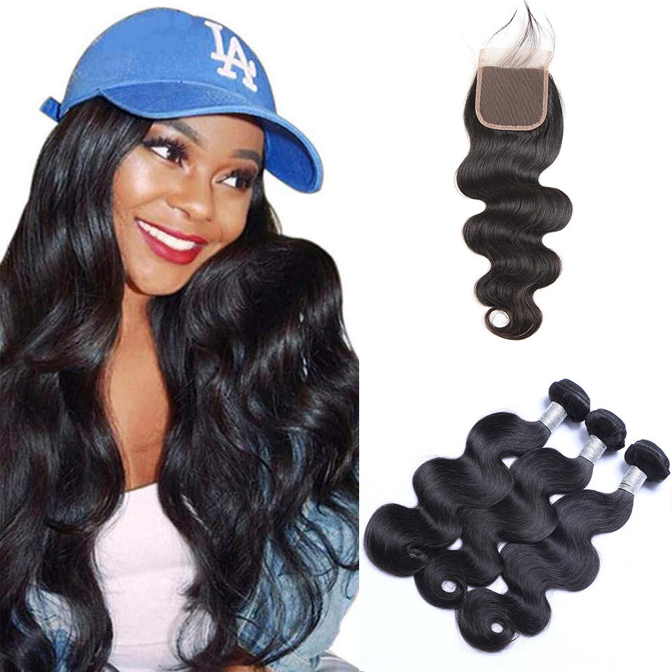 Natural black wavy human hair bundle and lace closure