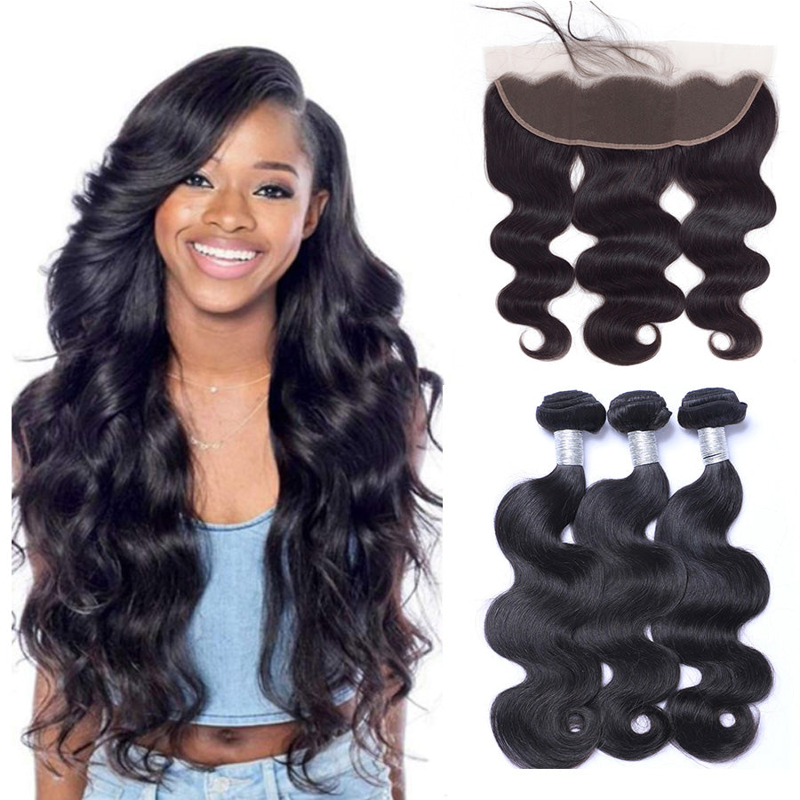 Body wave lace frontal with 3 human hair weave bundles