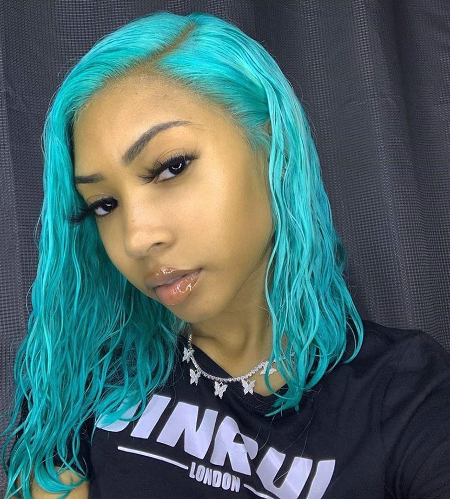 young woman with wet blue lace front wig