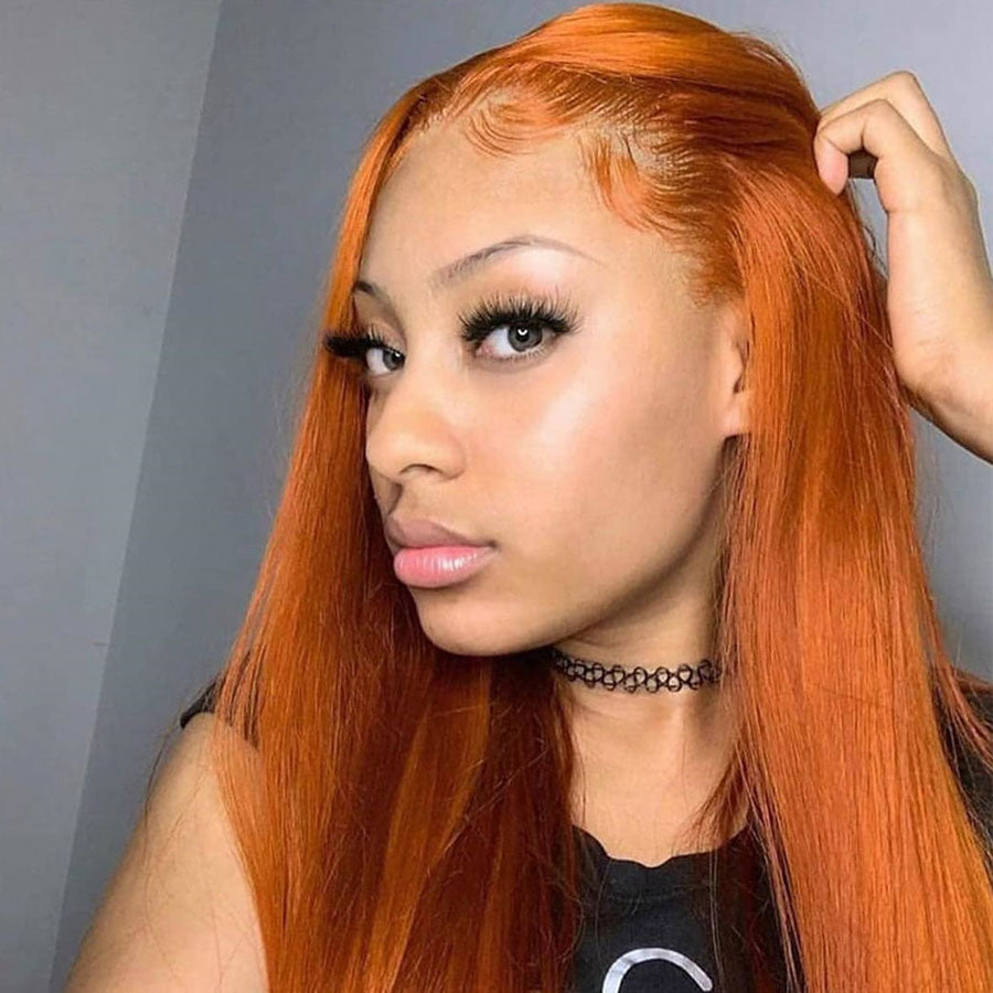 young girl shows hairline of ginger human hair wig