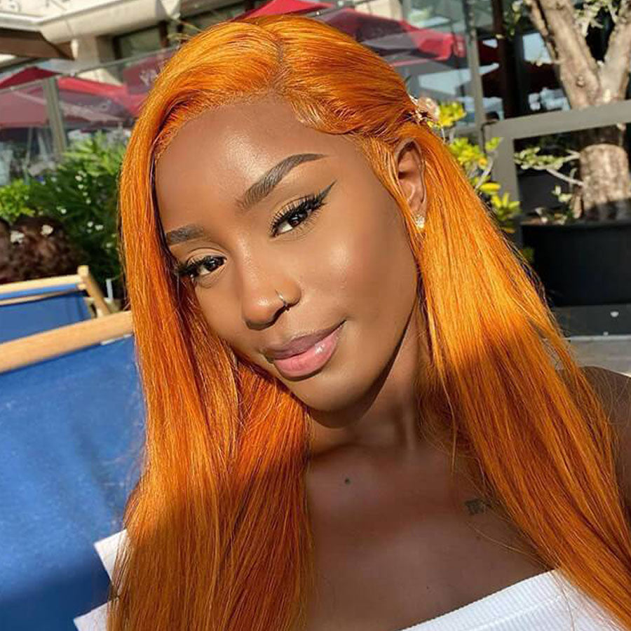 black girl in orange ginger human hair wig 