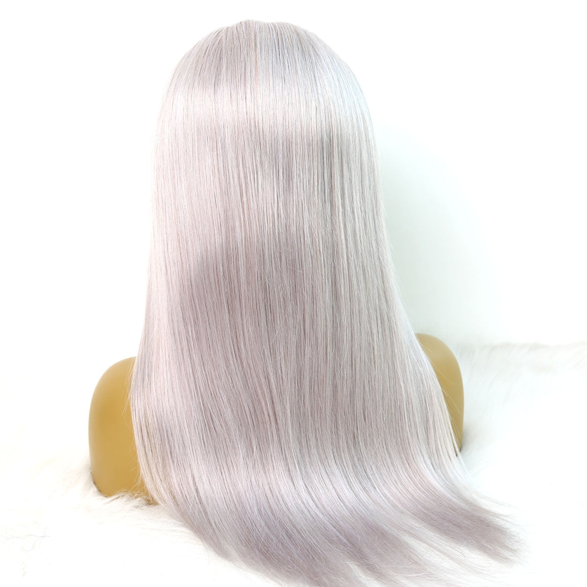 Long gray human hair wig on mannequin