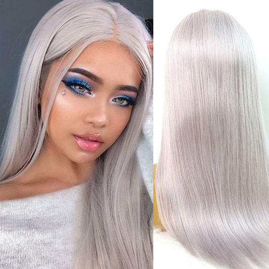 Pretty girl wearing gray human hair wig