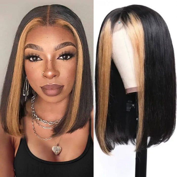 young women with honey blonde highlight black bob wig