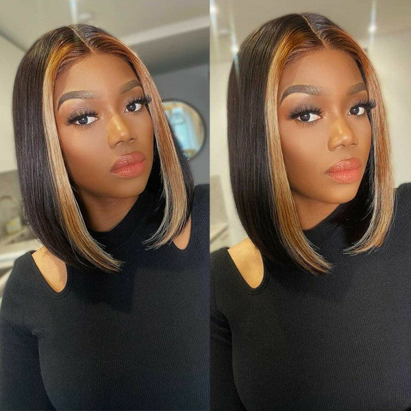 Young woman in black bob wig with honey blonde money piece highlight