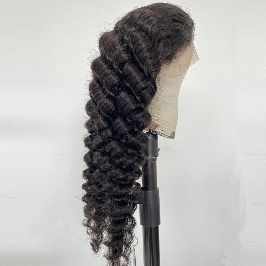Black deep wave wig on mannequin