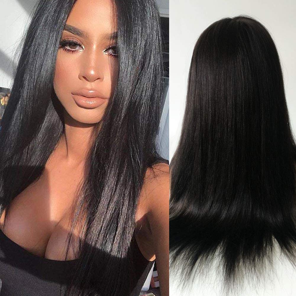 Light Yaki Straight Full Lace Wigs Jet Black Human Hair Lace Wig