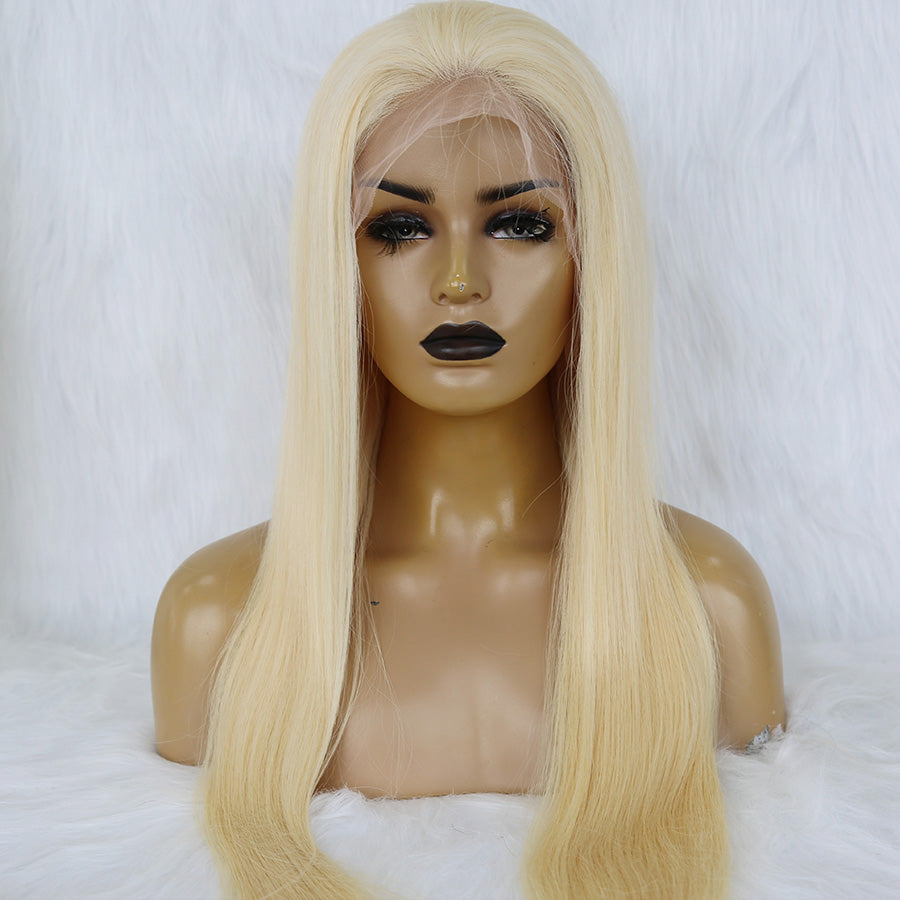 front look of a blonde full lace wig on mannequin