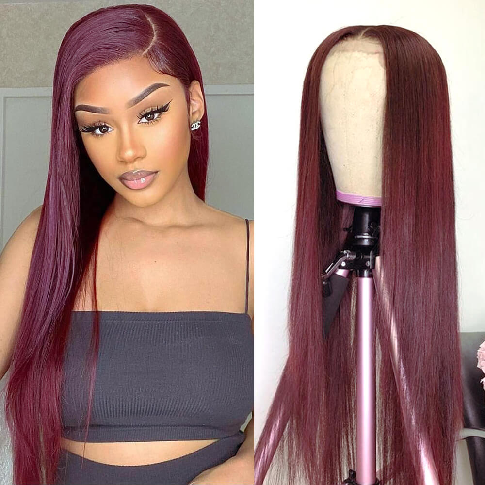 Red Burgundy Color 13x4 Lace Front Wig Straight Human Hair Wigs