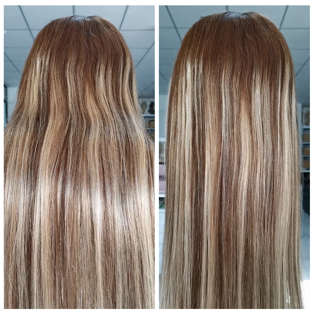 Straight brown wig with blonde highlight