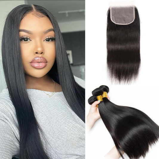 Straight human hair weave bundles with hd lace closure