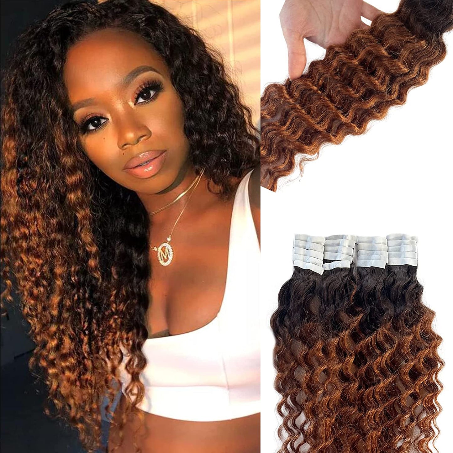 two tone brown deep wave tape in hair extensions