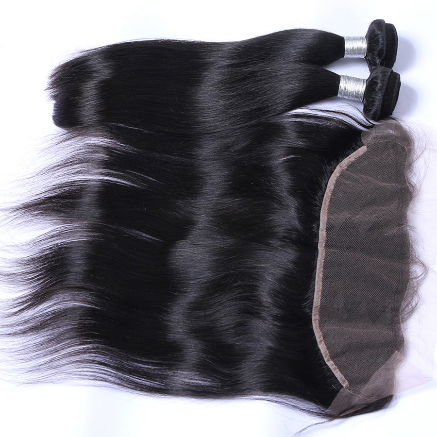 Black straight human hair weaves with 13x4 lace frontal