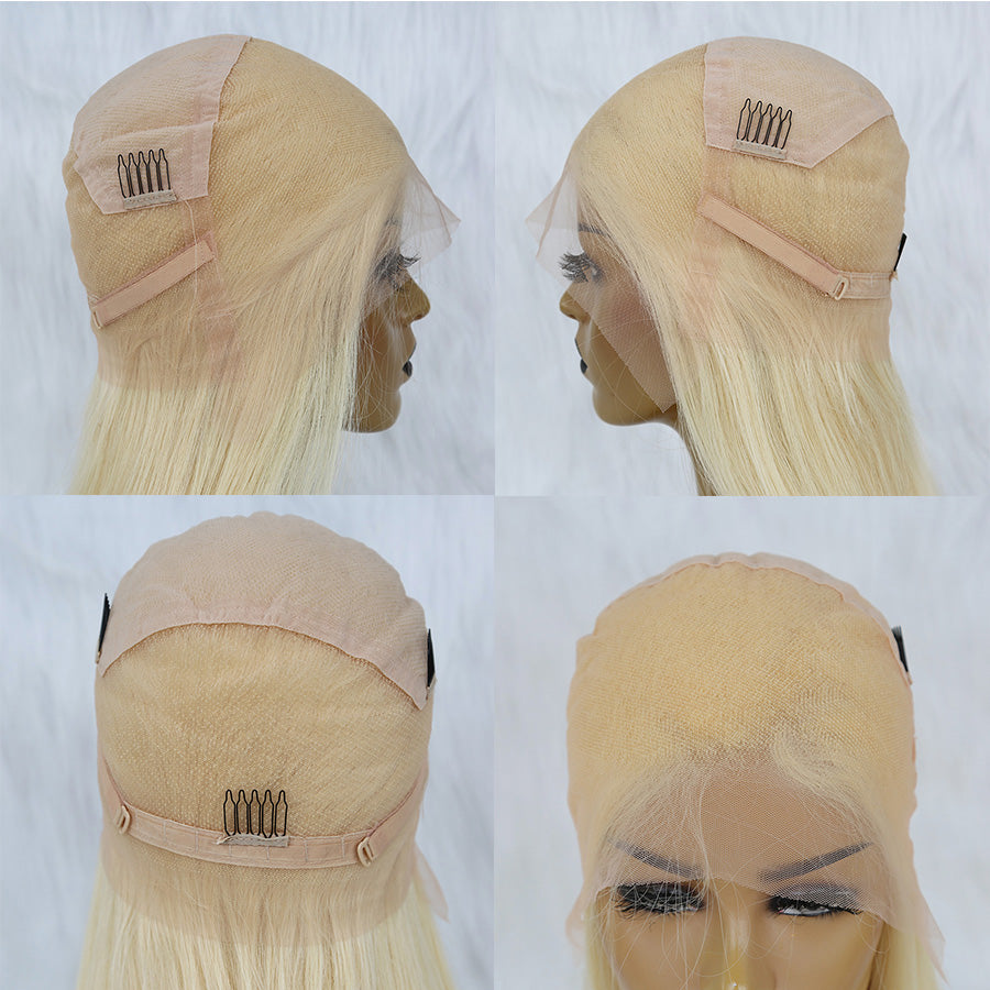 cap show in different angles of a blonde full lace wig on mannequin
