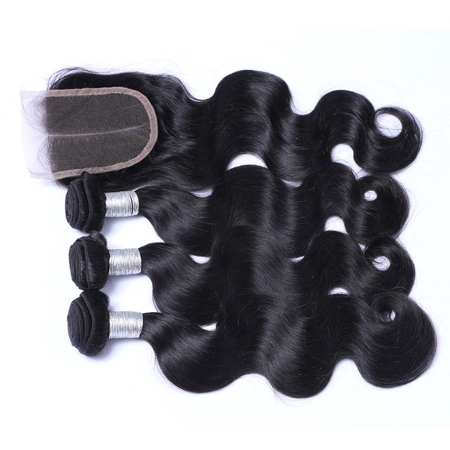 natural black wavy human hair bundles and closure